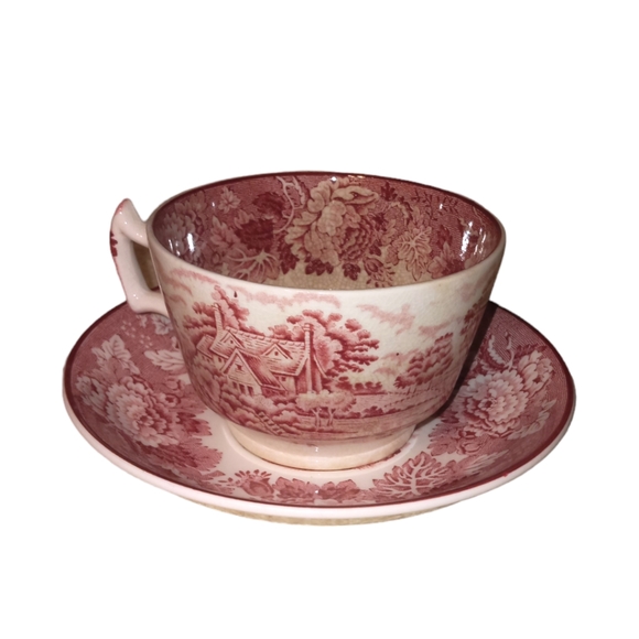 Enoch Woods English Scenery Pink Woods Ware By Woods & Sons Teacup & Saucer - Picture 3 of 7